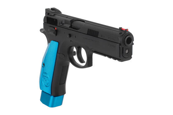 CZ-USA 75 SP-01 Competition 9mm Pistol with blue aluminum grips features a steel frame